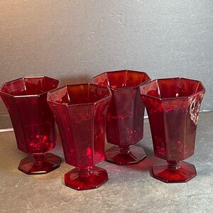Set Of 4 Vtg Independence Glass Octagonal Ruby Amberina Water Goblets T75